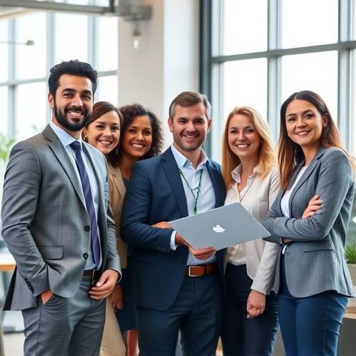 Photo d'équipe d'une entreprise travaillant dans un espace de coworking moderne.