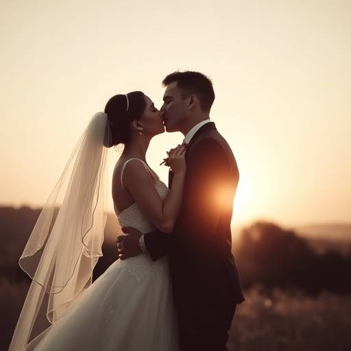 Photo de mariage en noir et blanc d'un couple s'embrassant tendrement au coucher du soleil.