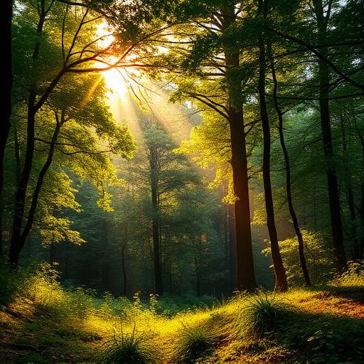 Photo de paysage d'une forêt luxuriante avec une lumière dorée filtrant à travers les arbres.