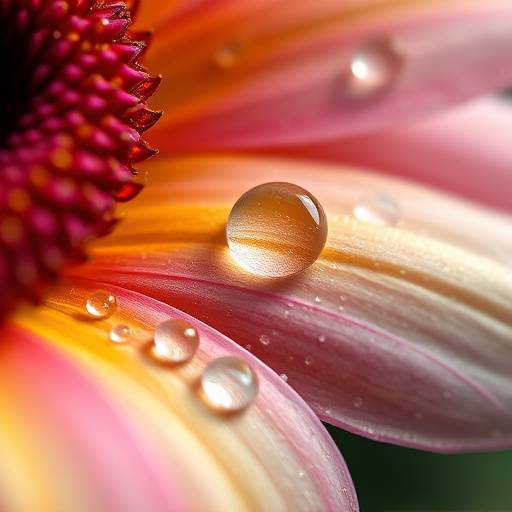 Photo macro d'une fleur avec des gouttes de rosée scintillantes.