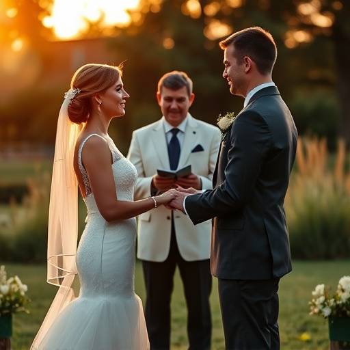 Photographie d'un couple de mariés échangeant leurs vœux devant un officiant lors d'une cérémonie en plein air.