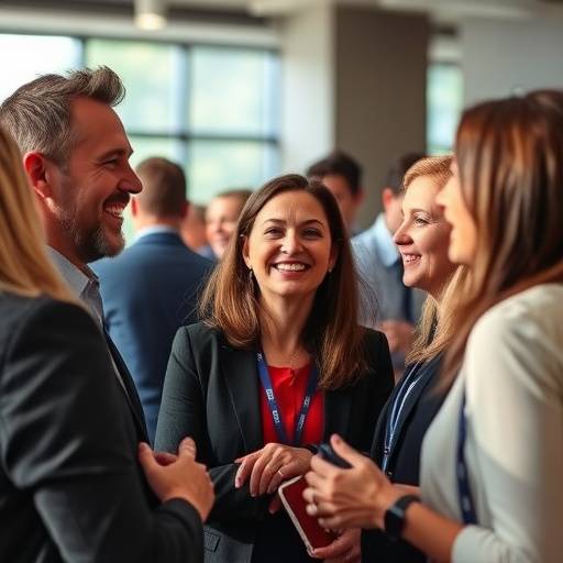 Photographie d'un groupe de personnes lors d'un événement d'entreprise avec des sourires et des interactions.