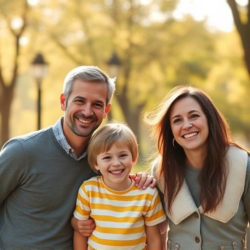 Photographie d'une famille souriante dans un parc ensoleillé.
