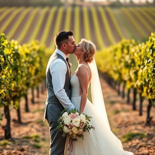 Photographie de mariage d'un couple s'embrassant devant un vignoble pittoresque avec des rangées de vignes et une douce lumière dorée.
