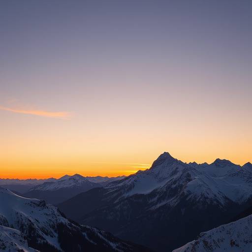 Photographie de paysage d'une chaîne de montagnes enneigées au coucher du soleil.