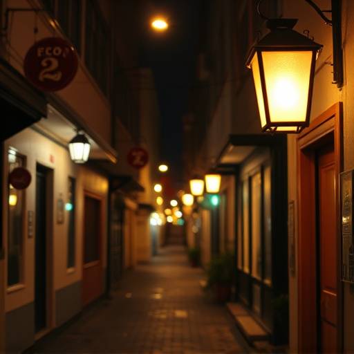 Photographie de rue d'une ruelle éclairée par des lanternes la nuit.