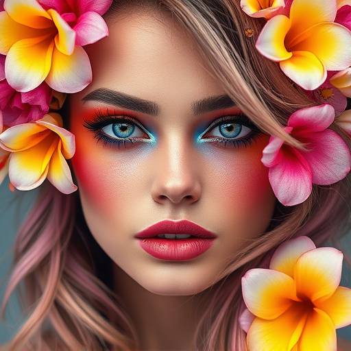 Portrait coloré d'une femme avec un maquillage artistique et des fleurs dans les cheveux.