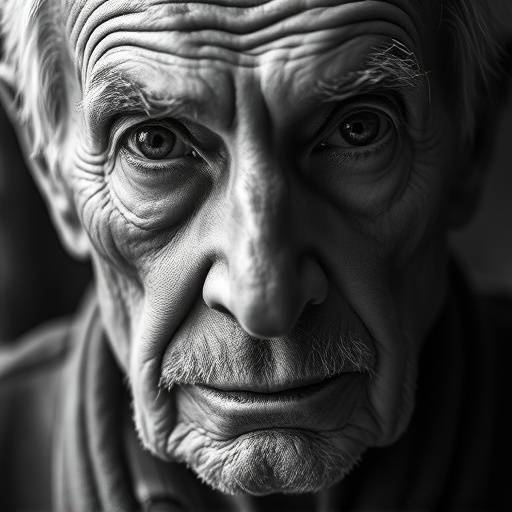 Portrait en noir et blanc d'un homme âgé avec un regard profond et expressif.