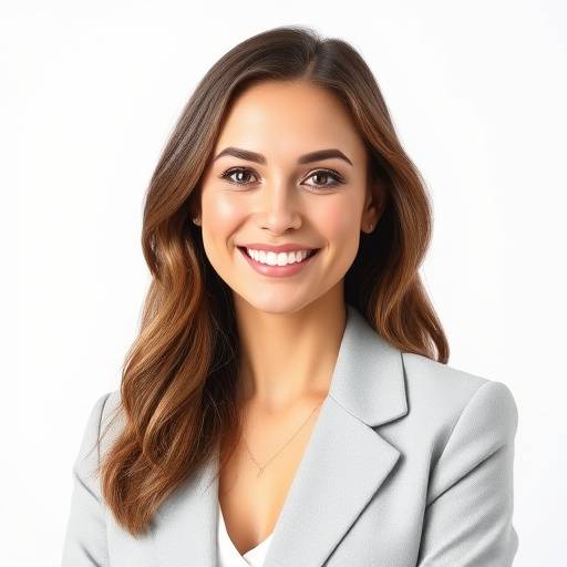 Portrait professionnel d'une femme souriante avec un blazer gris clair sur un fond blanc doux, capturant une expression confiante.