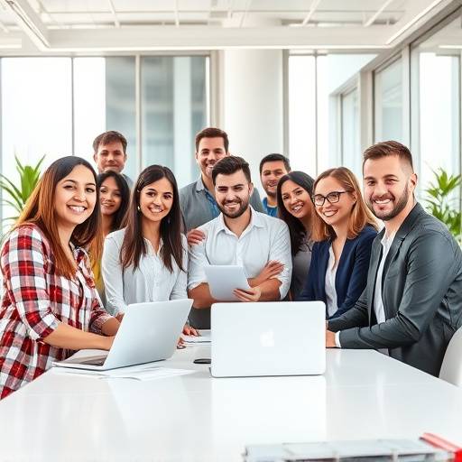 Une équipe diversifiée travaillant ensemble dans un bureau moderne et lumineux, mettant en évidence la collaboration et l'esprit d'entreprise.